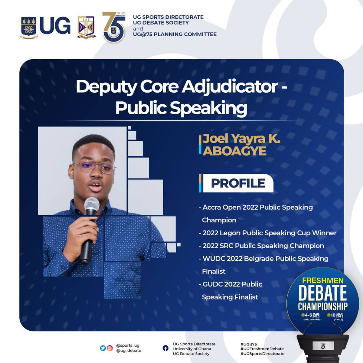 ug_debate's tweet photo. Freshers’ Debate Championship 2023: Our Public Speaking CAP for this year’s tournament is made of absolute rock stars!
Core Adjudicator
👸🏾 Wesoamo Zempare
Deputy CAs
🤴🏽 Joel Yayra K. Aboagye
👸🏾 Emmanuella Gyimah
#UGDebate https://t.co/duALn5d2fB