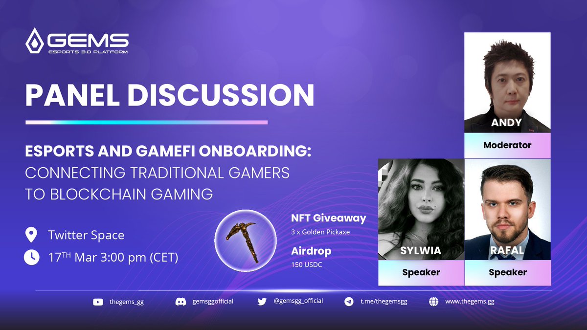 GEMS Esports 3.0 Platform (@gemsgg_official) on Twitter photo ⚡️<a href="/gemsgg_official/">GEMS Esports 3.0 Platform</a> X <a href="/alaska_game/">Alaska Gold Rush</a>
Join our AMA w/ <a href="/alaska_game/">Alaska Gold Rush</a> on Mar 17, 3:00 PM (CET) a.k.a 9:00 PM (ICT)
We are pleased to have speakers <a href="/shee_whale/">She Whale</a> & <a href="/killdashill/">Rafał AGR (🧠,🧠) 🐻⛓️</a>
💰AMA Rewards: 150 USDT & 3 golden pickaxes NFTs
📍 Twitter Space: x.com/i/spaces/1YpKk… ⚡️<a href="/gemsgg_official/">GEMS Esports 3.0 Platform</a> X <a href="/alaska_game/">Alaska Gold Rush</a>
Join our AMA w/ <a href="/alaska_game/">Alaska Gold Rush</a> on Mar 17, 3:00 PM (CET) a.k.a 9:00 PM (ICT)
We are pleased to have speakers <a href="/shee_whale/">She Whale</a> & <a href="/killdashill/">Rafał AGR (🧠,🧠) 🐻⛓️</a>
💰AMA Rewards: 150 USDT & 3 golden pickaxes NFTs
📍 Twitter Space: x.com/i/spaces/1YpKk…