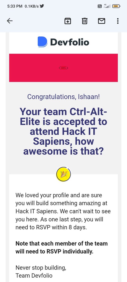 Just got accepted for HackITSapiens🥳🥳🥳 @devfolio @prnvtwts @_Vis__haL_ @poornimacollege