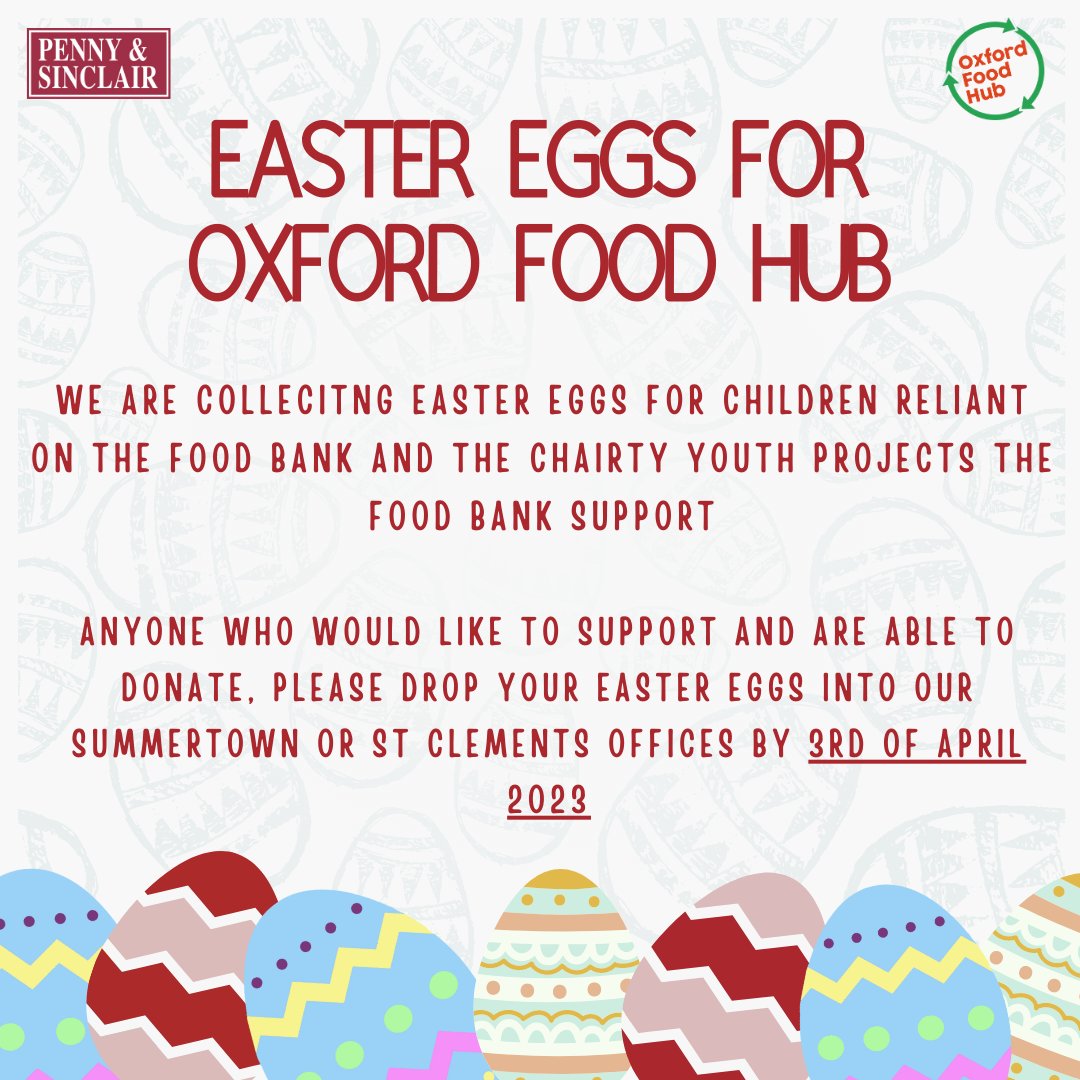 🌟 DONATIONS WELCOME 🌟

Penny &amp; Sinclair are collecting Easter eggs for children reliant on @oxfordfoodhub!

Anyone who would like to support and are able to donate, please drop your Easter eggs into the Summertown or St Clements Office by the 3rd of April 2023!