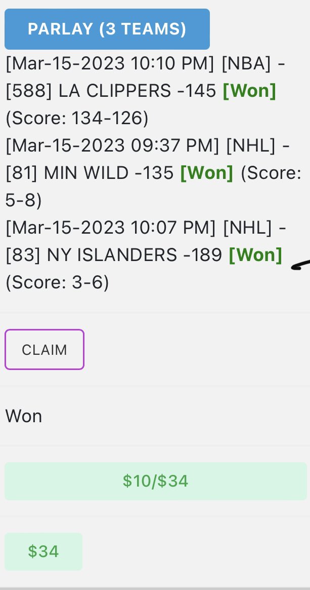 goatslays's tweet image. Bang!!! My 3 team do your job lay smacked!! Let’s dig in!!

Clippers ML✅
Wild ML✅
Islanders ML✅

10 to win 34💰

#smartbet #locksonly #GamblingTwiitter