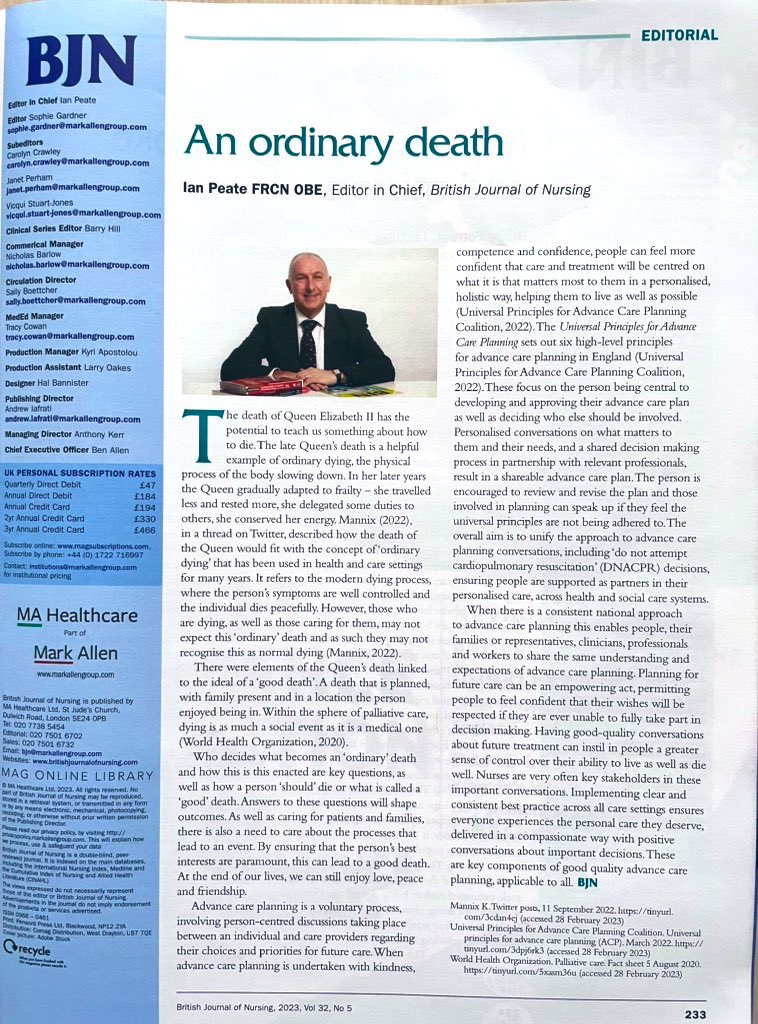 This weeks editorial by  Ian Peate - Editor in Chief at BJN discusses an ordinary death. It is SO important to think about, have conversations, & give consideration to this within nursing practice  @IanPeate @BJNursing #death #deathanddying #advancecareplanning  #DNACPR