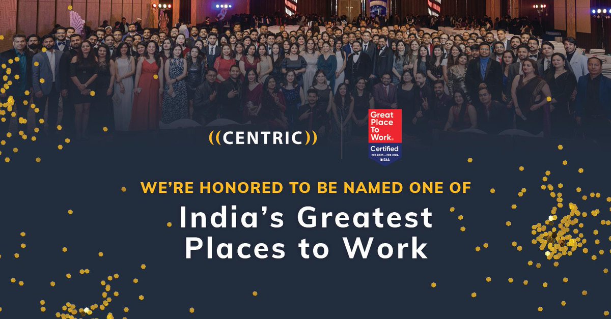 Centric India has been certified as a Great Place to Work® 👏 Thank you for recognizing our dedication to centering the well-being and advancement of our employees. ow.ly/qOZA50NfRmo #CentricIndia #GPTW4ALL