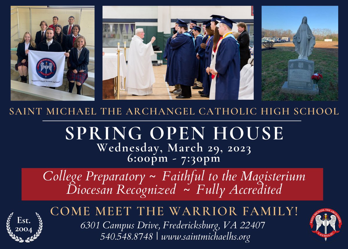 Our Spring Open House is less than two weeks away! Come join us on Wednesday, March 29, from 6:00pm - 7:30pm. It's our final open house of the year so you don't want to miss it! saintmichaelhs.org/open-house