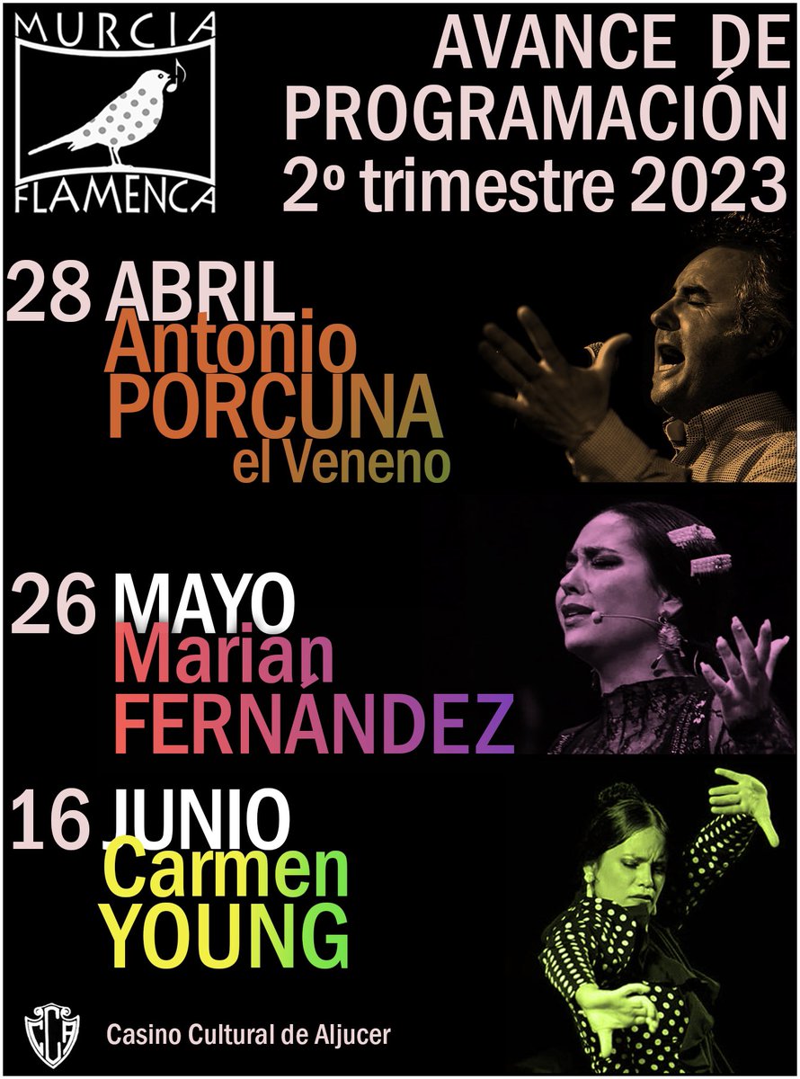 Avance de programación para el segundo trimestre de 2023. Seguimos trayendo el mejor flamenco a Murcia. Hazte soci@ y disfruta cada mes de actuaciones memorables.