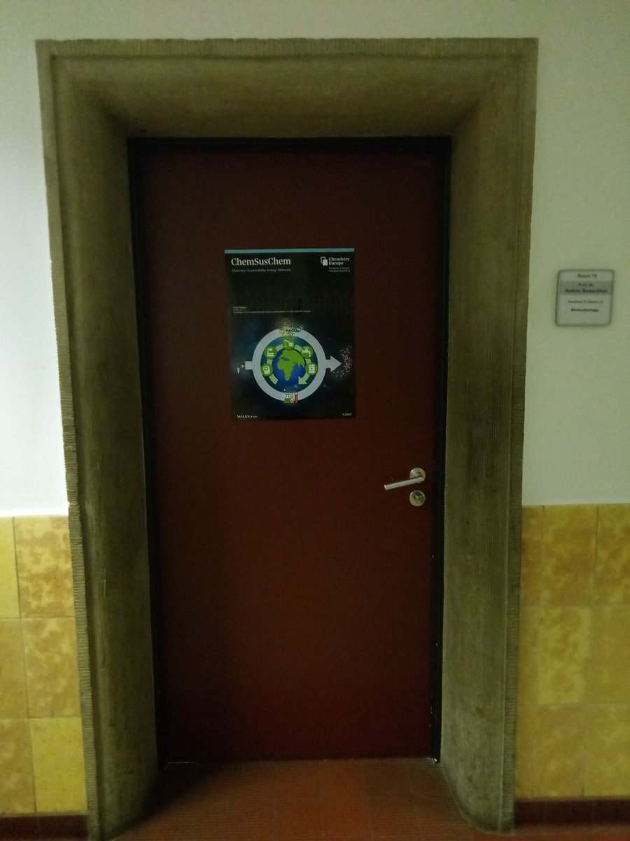 RosenthalKatrin's tweet photo. It's a great feeling to hold our ChemSusChem cover in my hands (and upgrading my office door). Thank you for the printed copy @ChemSusChem https://t.co/WneAxzJvor
