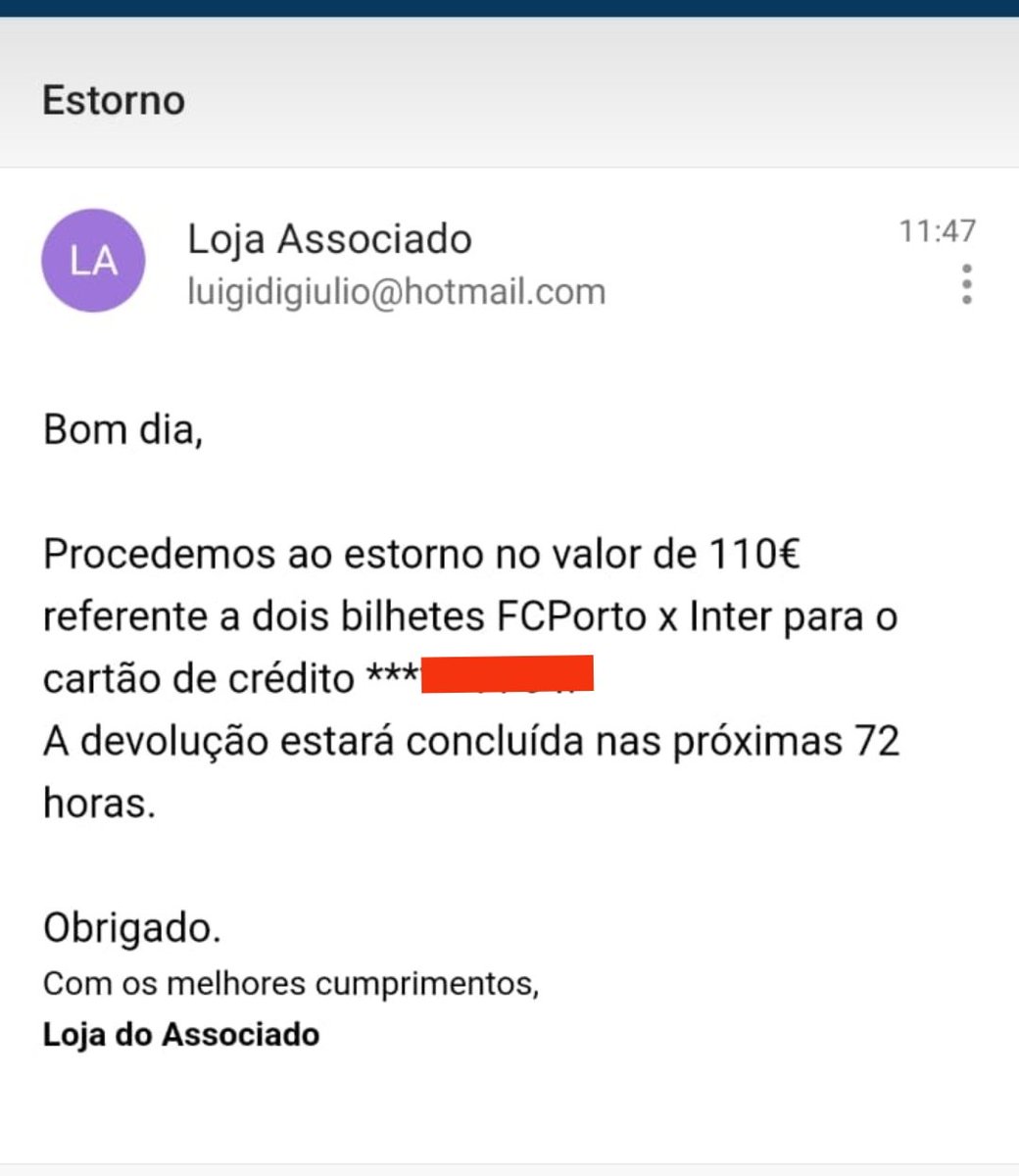 luigidgiulio's tweet image. Dopo la vergogna dell'altra sera siamo tornati allo stadio Do Dragao, mostrato biglietti fattura e carta e ci hanno rimborsato.
Fate girare se alcuni tifosi sono ancora a Porto o tempestate questa mail.
fate girare please @Inter @ChampionsLeague 
Ma è solo l'inizio @FCPorto