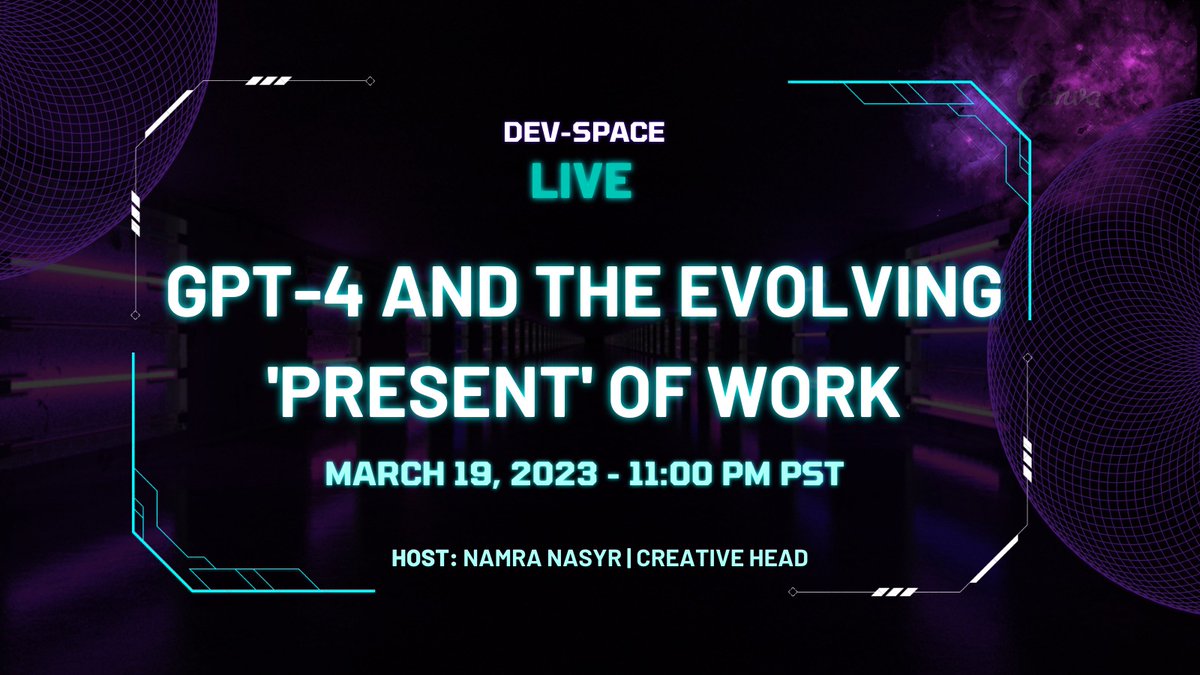 devsinc's tweet photo. Join us LIVE on March 19, 2023 to discuss #gpt4
and the Evolving 'Present' of Work.
See you at 10 pm Pakistan Time. https://t.co/ZmxKWXxRSq

#GPT #AI #devsinc https://t.co/Ph9XxkeeJT