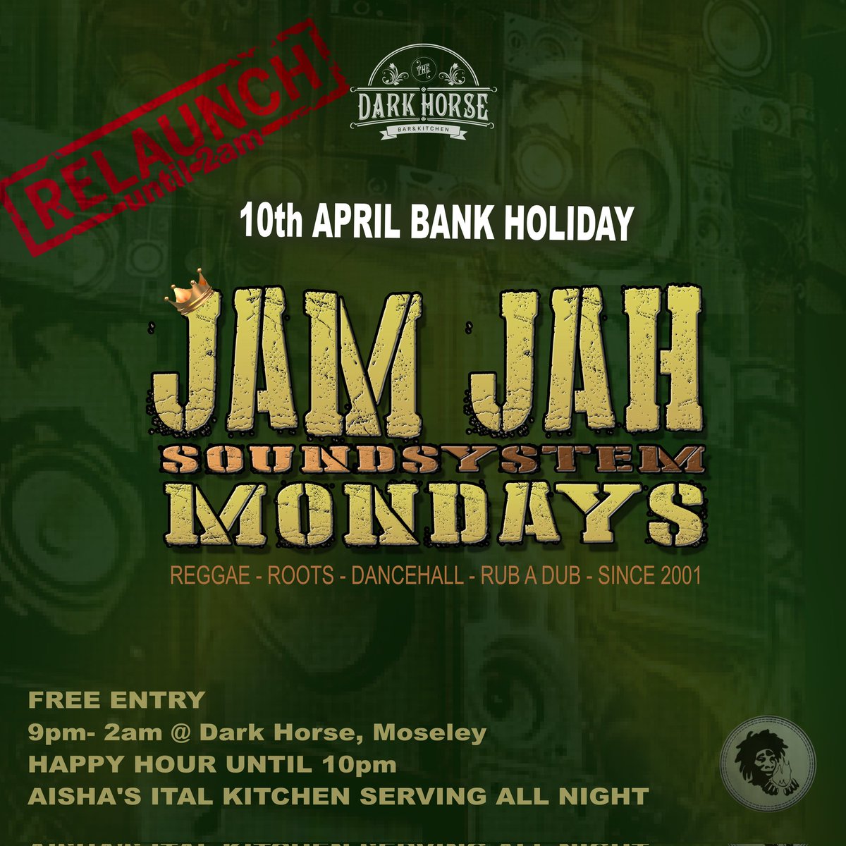 10th April at the @DarkHorseMosele, @JamJahSound1 Reggae Mondays are back! Special guest @YTReggae alongside @MykiTuff @bongo_damo for a night of #soundsystem vibes #reggae #dancehall #jamjah #mondaymotivation  #itsabrumting #badlands #birmingham #moseley #rubadub