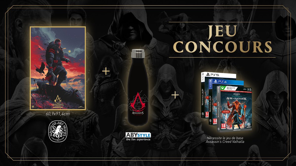 AssassinsFR's tweet image. 💥 JEU CONCOURS 💥
Tentez de gagner ce superbe lot composé d'une affiche Nautilus Art Prints, d'une gourde @_ABYstyle et de l'extension Assassin's Creed Valhalla : L'Aube du Ragnarök ! 🎁
Pour participer :
➡ RT ce tweet,
➡ Follow @AssassinsFR
TAS le 22/03