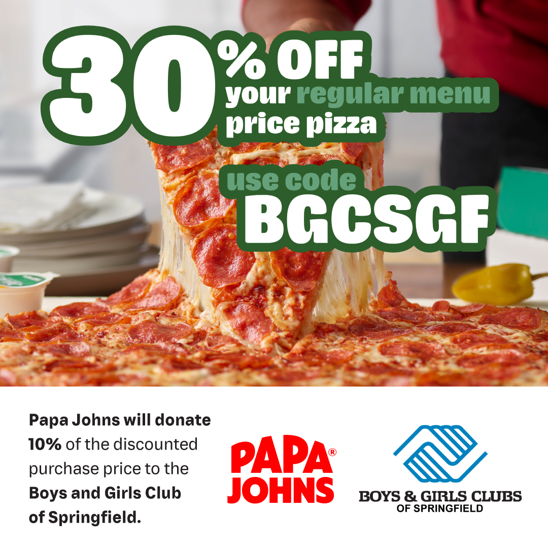 Looking for pizza this Spring Break? Be sure to use code BGCSGF when you order from Papa Johns! Along with taking 30% off of your order, 10% of the purchase will go back to the Clubs! 🍕