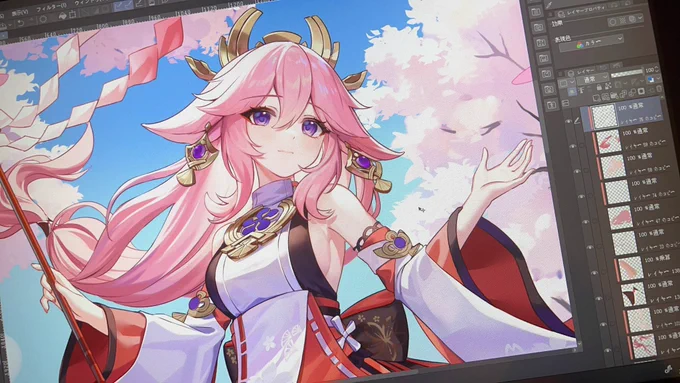 もうすぐ桜狩りに行けますね花春の狐進捗です。#八重神子 