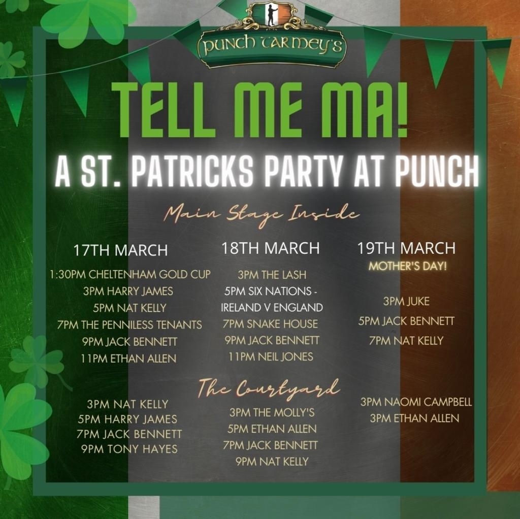 ☘️ TELL ME MA! ST.PATRICKS PARTY AT PUNCH! ☘️⁠
⁠
<a href="/TarmeysPunch/">Punch Tarmey’s Liverpool</a> have planned an Irish extravaganza this St Patrick's Day weekend! ⁠
⁠
A jam packed line up spread across the weekend filled with the best Irish bands, duos and acoustic singers, with live sports!