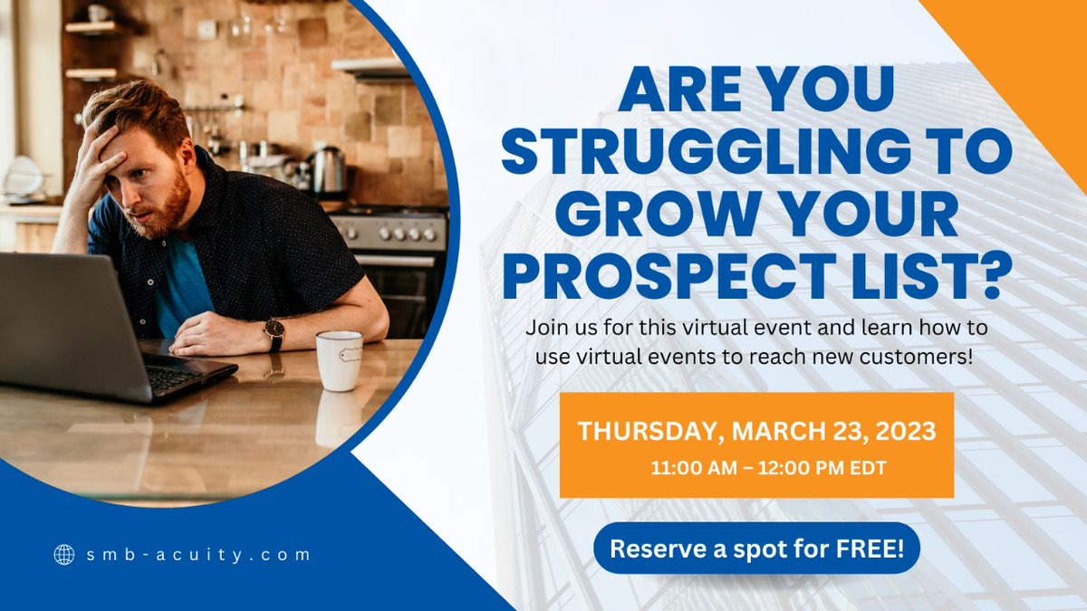 Are you struggling to grow your prospect list? Join us for this virtual event on March 23, 2023, 11:00 AM – 12:00 PM EDT, and learn how to use virtual events to reach new customers! eventbrite.com/e/grow-your-pr…
#SmallBusiness #VirtualEvents #Marketing #B2BLeads #growyourprospeclist