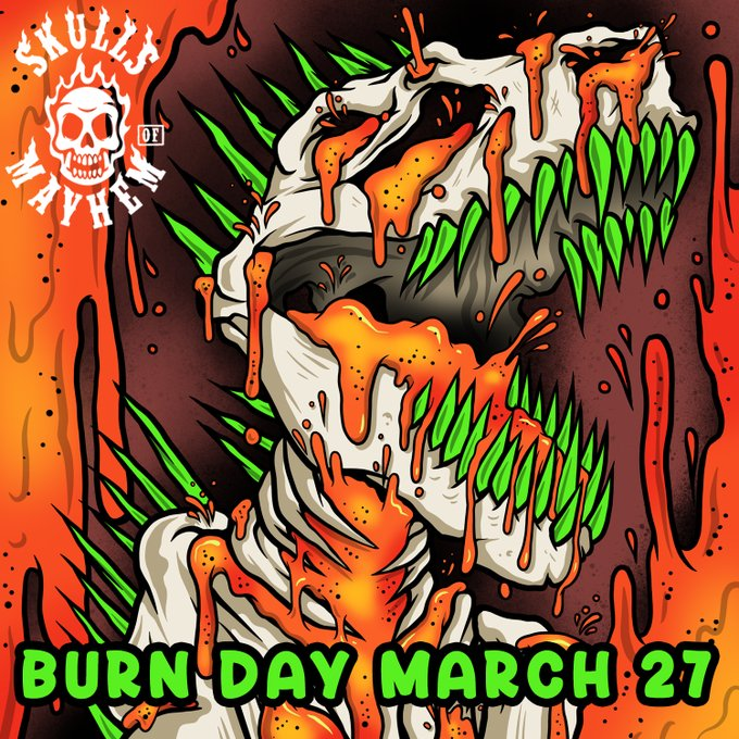 MadSportsCard's tweet photo. 💀 READY for March 27th! 💀
🔥 - Just Burned 3 N.T.P. Canisters to receive a
Hazardous Canister!
🔥- Going to Burn my Hazardous Canister
on 03-27 for a -SKULLS OF MAYHEM-
#SkateOrDie #thrasher #Skateboarding #SkateandDestroy #NFTcommunity #TSCcomp https://t.co/txjXbNy72p