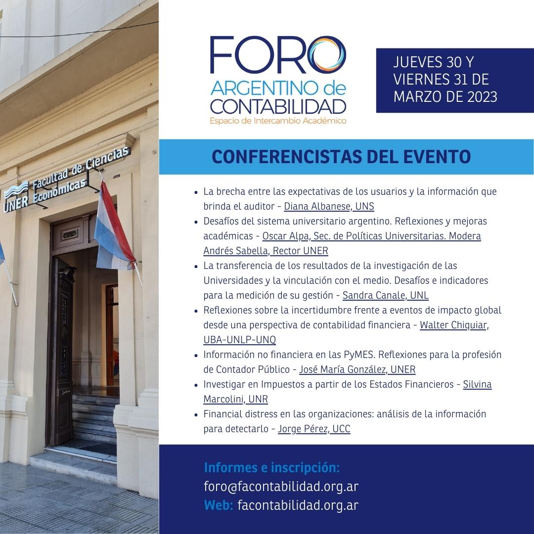🔔 Ya están confirmadas las 7 conferencias del 6º Encuentro del Foro Argentino de Contabilidad (FAC) a realizarse los días 📅 jueves 30 y viernes 31 de marzo en la FCE-UNER, ciudad de 📍 Paraná (Entre Ríos).

🔖 Pre-inscripción: bit.ly/3RfVbSq