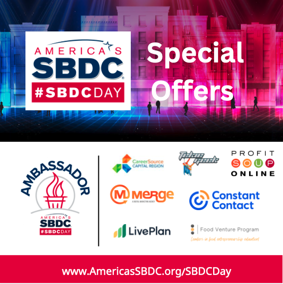 ASBDC's tweet photo. Last call! #SBDCDay celebrations are still going, and these offers are still available ---> https://t.co/0uYcMPlTQu @TekieGeek @MergeForward @foodventureprogram @profitsoup @liveplan @constantcontact @CareerSourceCR
 #SBDC https://t.co/AvLxRS4D7w