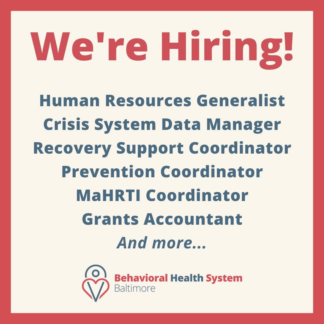 BHSBaltimore's tweet photo. From harm reduction to human resources, BHSB is #hiring team members excited about supporting the behavioral health and wellness of Baltimoreans.

Find your next role here: https://t.co/2gRSk1y7EV

#mentalhealth #substanceuse https://t.co/XQUSi0Ahsy