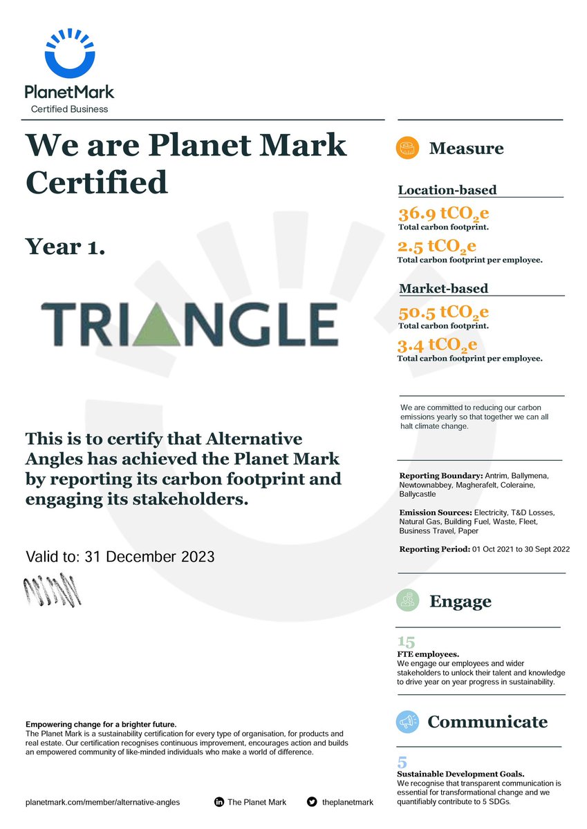ParityTriangle's tweet image. Congratulations to our colleagues in Alternative Angles  on achieving the Planet Mark certification 👏👏.

Well done in particular to Brenda and members within the Antrim centre who diligently pushed the directive forward.