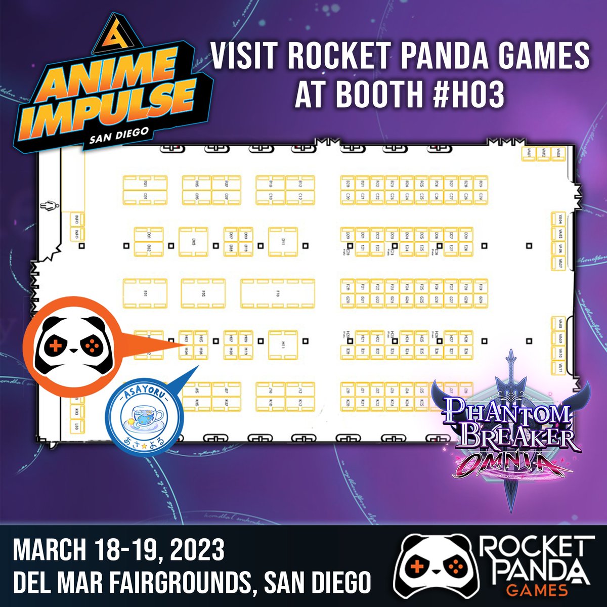RocketPandaEN's tweet photo. 📣 Heyo! Visit the #RocketPandaGames Booth #H03 at @animeimpulse this weekend! Play #PhantomBreakerOmnia and get some free swag! Also, check out @AsayoruCafe and get a chekki with Head Maid Sae and Maid Reyna! 🎮
See you, San Diego! 🧡 https://t.co/InLT7iV4sv