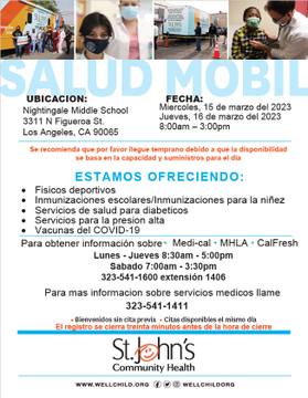 St. John's Community Health 
@Wellchildorg is at Nightingale MS TODAY, Thurs. 3/16 from 8am-3pm providing primary care &amp; other services including immunizations/vaccines. Walk-ins &amp; same day appointments welcome. 
<a href="/LASchoolsEast/">LAUSD Region East</a> <a href="/LincolnElSereno/">Lincoln Heights and El Sereno Community of Schools</a> <a href="/LAUSD_HealthRS/">Health Emergency Response & Support</a> <a href="/LAschoolsSouth/">Region South</a>