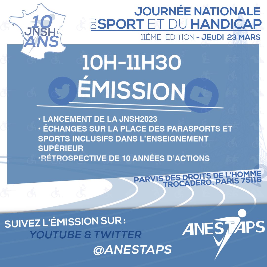 JNSHandicap's tweet photo. [#JNSH2023🦾]

🎥 Retrouvez l’@ANESTAPS dans une semaine pour une émission en direct du village d'activités de la JNSH Nationale !

Vous pouvez dès à présent suivre l’@ANESTAPS et vous abonner à sa chaîne YTB : https://t.co/CkQeizLuEm ❕

🗓️RDV le 23 mars
⌚️10h-11H30
#SAVETHEDATE https://t.co/rc58lEXdTA