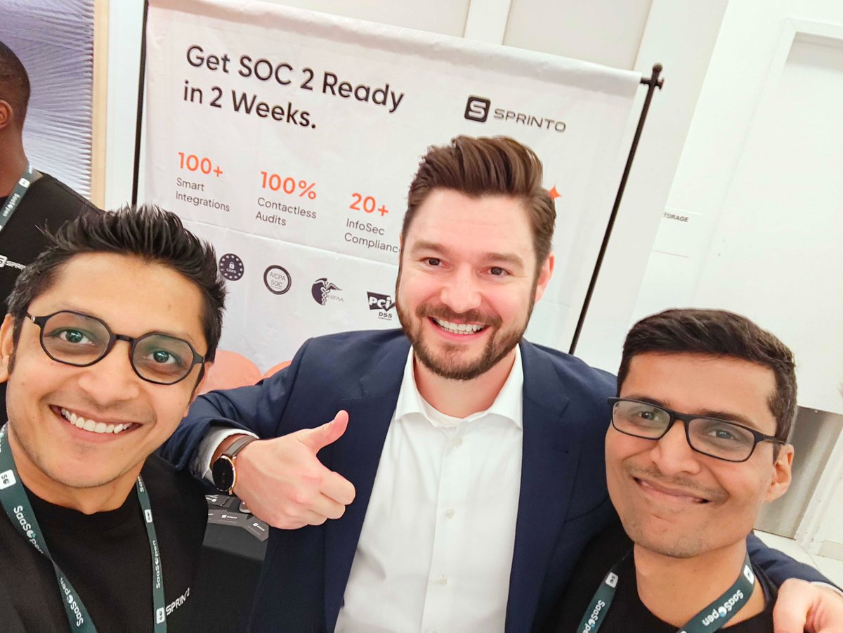 sprintoHQ's tweet photo. Girish Redekar, Pritesh Vora and the man of the hour- @NathanLatka of @FounderpathHQ
And yes - you read it right- with Sprinto you can get SOC 2 ready in two weeks!
Get in touch with our compliance expert team at #SaasOpen to find out how!
#SecureWithSprinto #SaasOpen2023 https://t.co/uxmKzprzfs