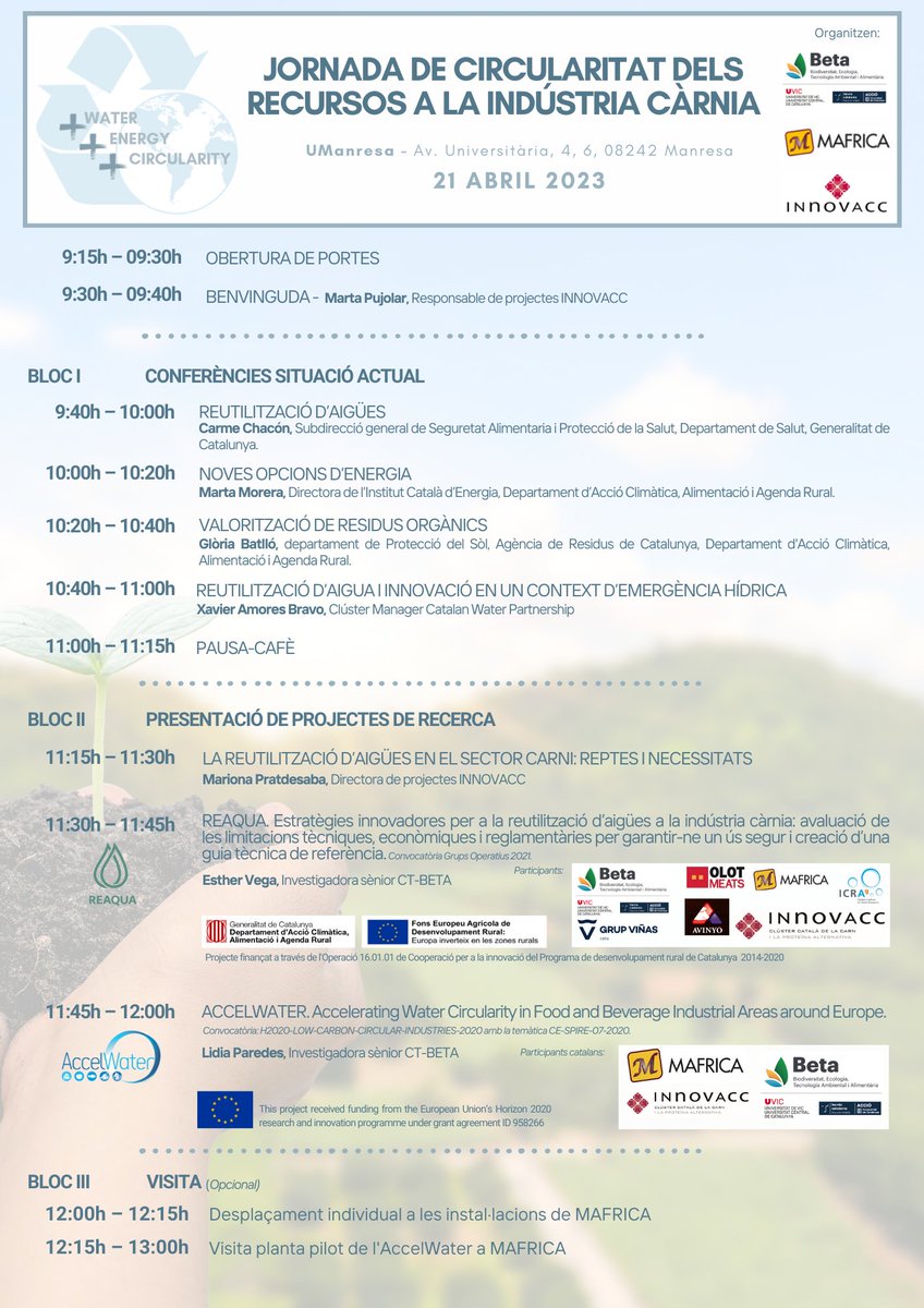 innovacc_cat's tweet photo. 🔴21/04/2023 Jornada de circularitat dels recursos a la indústria càrnia
@AccelWater @BETA_TechCenter @uvic_ucc #mafrica
@accio_cat
Inscripcions obertes aquí ⬇️⬇️⬇️⬇️⬇️
https://t.co/tvamnJBFbR https://t.co/5P1nHf7N4s