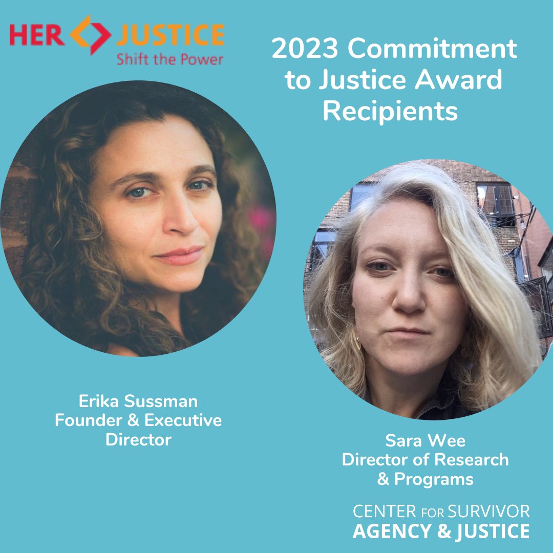 CSAJNews's tweet photo. @herjusticenyc has awarded CSAJ’s Erika Sussman, and Sara Wee, the 2023 Commitment to Justice Award!  The award recognizes Erika and Sara for their help to create a policy platform, Reinvesting in Economic Justice, Equity, and Solidarity for Survivors in New York City.  

#csaj https://t.co/b6GeHMiuFX