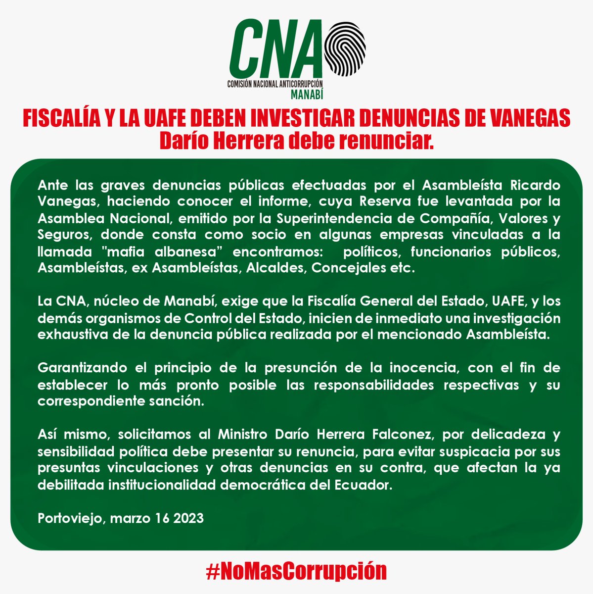 CnaManabi's tweet photo. Por delicadeza personal y sensibilidad política , #DarioHerreraFalconez debe renuciar, mantenerse como ministro afecta a la debelitada institucionalidad democrática del Ecuador.
@FiscaliaEcuador  debe investigar denuncias del asambeísta @RicardoVenegas . https://t.co/QRDQQOU02o