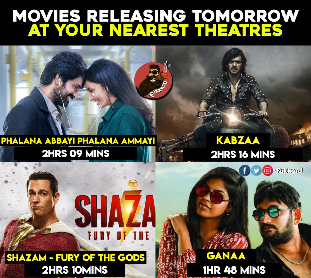 Tomorrow #Telugu Releases.
What's your pick?

#PhalanaAbbayiPhalanaAmmayi #Kabzaa #ShazamFuryOfTheGods 
#PAPA #Ganaa
