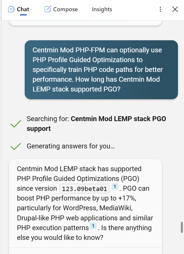 centminmod's tweet photo. Asking Bing Chat GPT-4 about Centmin Mod's PHP-FPM 🤓😎 1/3 #bingchat #chatgpt4 #bing #edgebrowser #centminmod https://t.co/w1dHdzgrJb