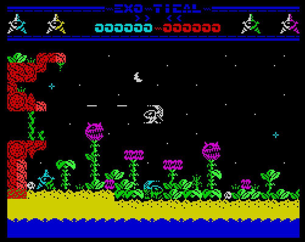 Roolandoo's tweet photo. Mi nuevo juego EXO-TICAL supone un cambio de registro en mi estilo habitual, así que avanzo lentamente pero aquí os dejo un adelanto: primeras pantallas y sinopsis de la historia. #ZXSpectrum #RetroDev #Homebrew 🕹️🚀🕹️ 🪐 https://t.co/dap60jBQBM