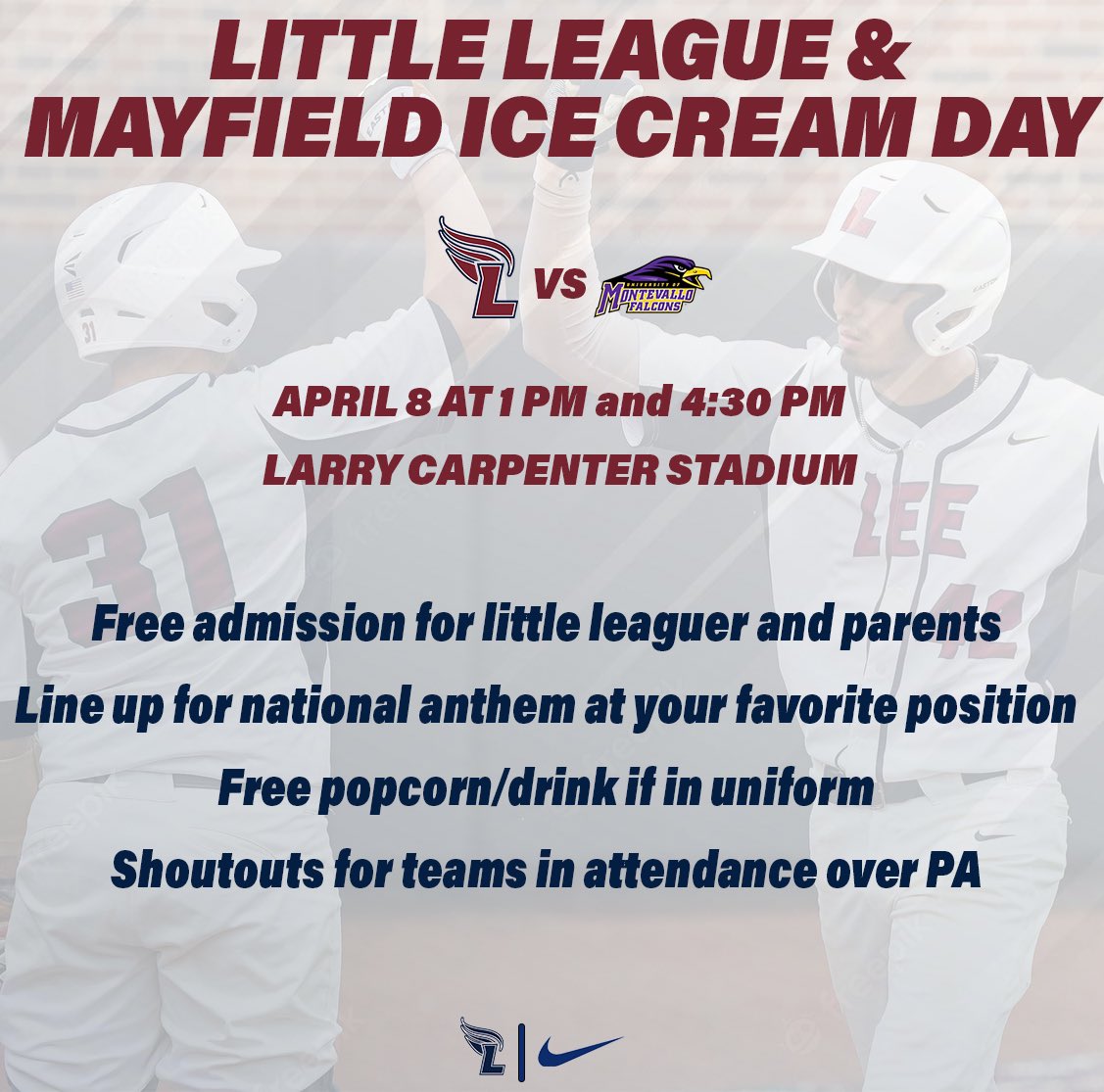 Calling all little leaguers and travel ball players!!! We are hosting Little League Day on April 8. Free admission, free popcorn/drink, free Mayfield Ice Cream, and chance to line up on field with Flames for National Anthem. Come out and join us. <a href="/BCPRsports/">Bradley Parks</a> #FiredUp