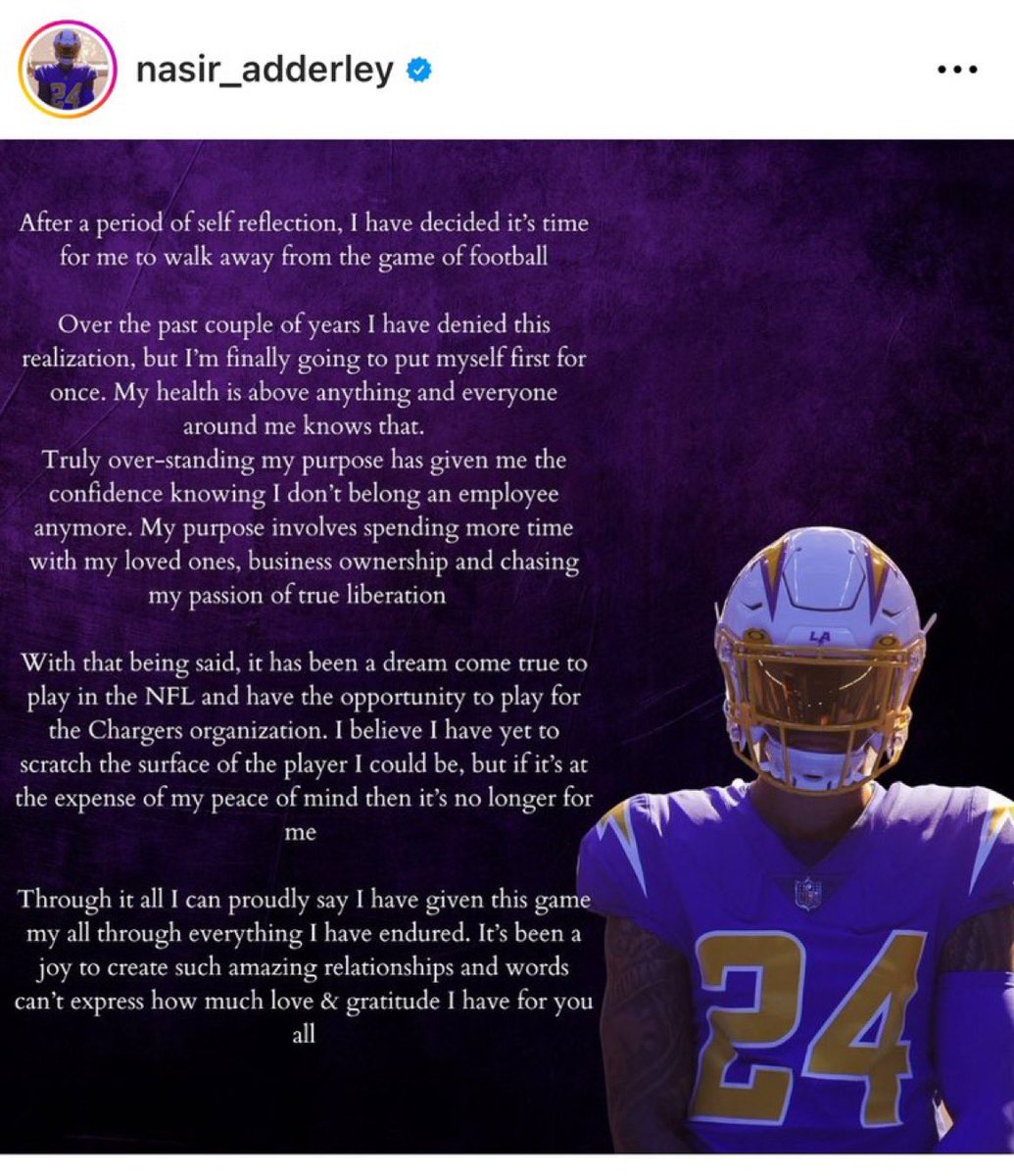 SmileyYYC's tweet image. @chargers #Adderley retires from the #NFL at age 25. #chargers