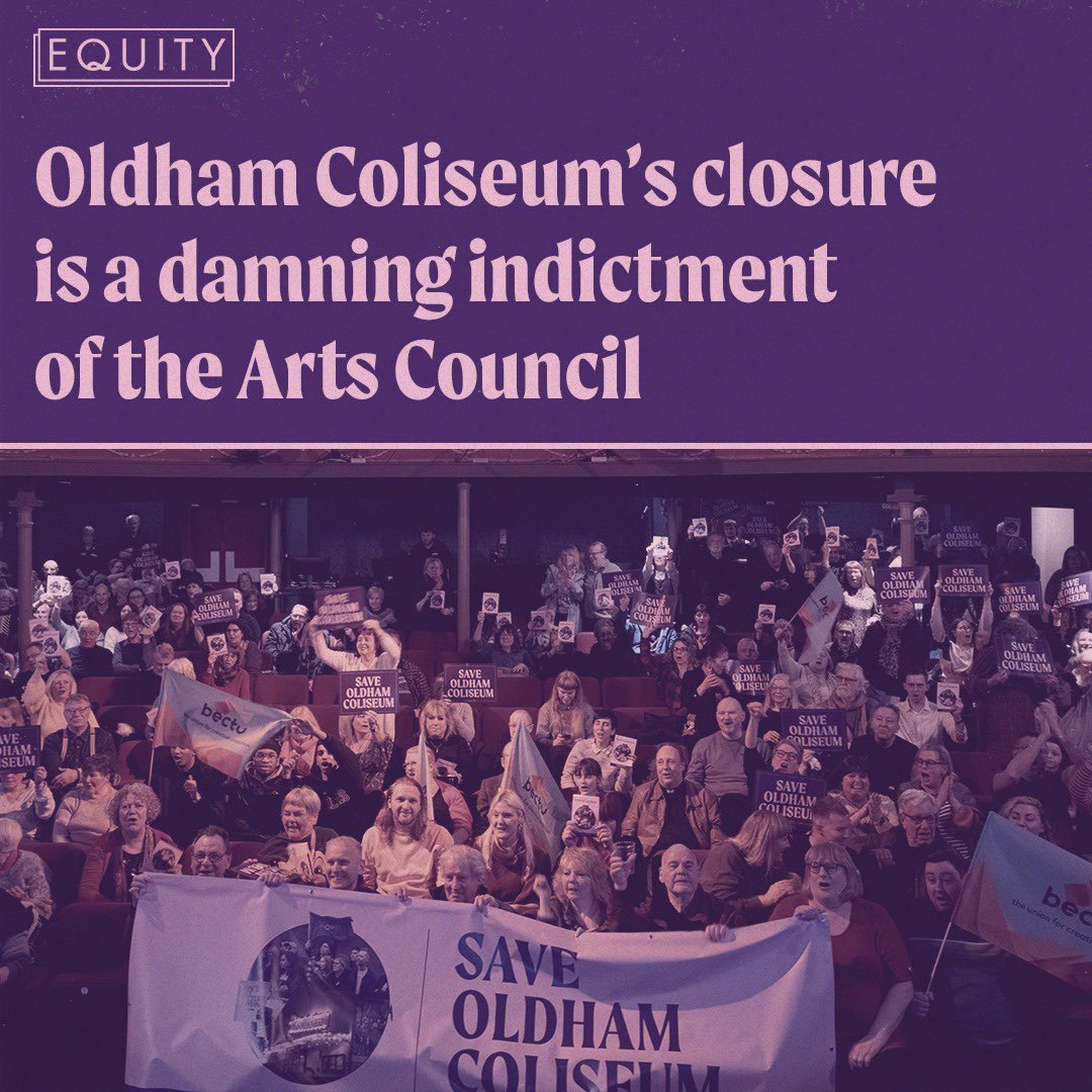 “Oldham Coliseum’s closure is a damning indictment of the Arts Council” 

Our General Secretary has responded to the news that <a href="/OldhamColiseum/">Oldham Coliseum</a> will close following <a href="/ace_national/">Arts Council England</a> funding cut

Read the full statement from <a href="/paulwfleming/">Paul W Fleming</a> and comment from <a href="/BrazierVictoria/">Victoria Brazier</a> 👇 🧵
