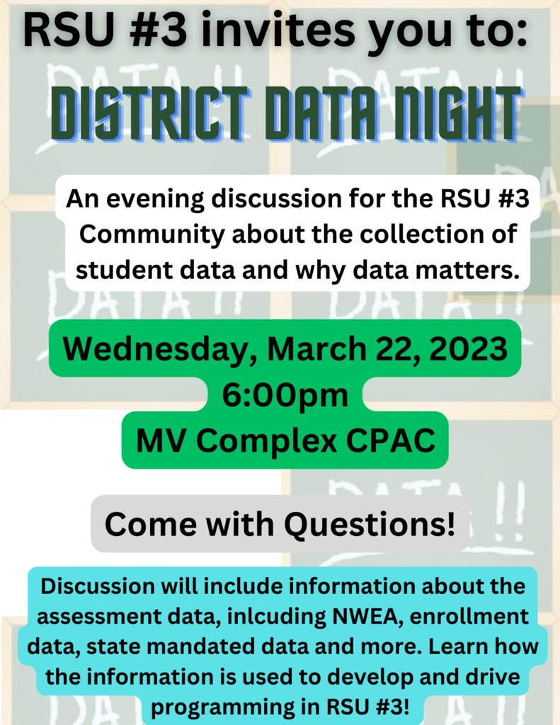 Rsu3Super's tweet photo. https://t.co/ILYthM75EX
Please join us on Wednesday, March 22nd at 6pm at MVHS for a discussion around student data and how the data is used for programming decisions. #RSU3forME https://t.co/DQ2jTSKCvx