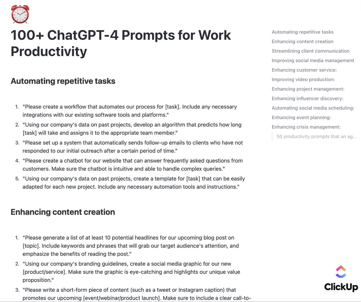 GPT-4 is 10x faster than GPT-3!🦾

It can save you 100s of hours.

So... we've compiled 100 work productivity prompts!

And for the next 24 hours, it's free.😏

To get it, just:

1/ Follow us @ClickUp 
2/ RT this tweet
3/ Reply "Work"