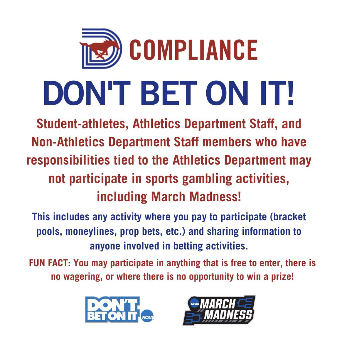 SMUCompliance's tweet photo. The Madness has begun! Don’t Bet On It!🏀🏆 https://t.co/AeMC016bml