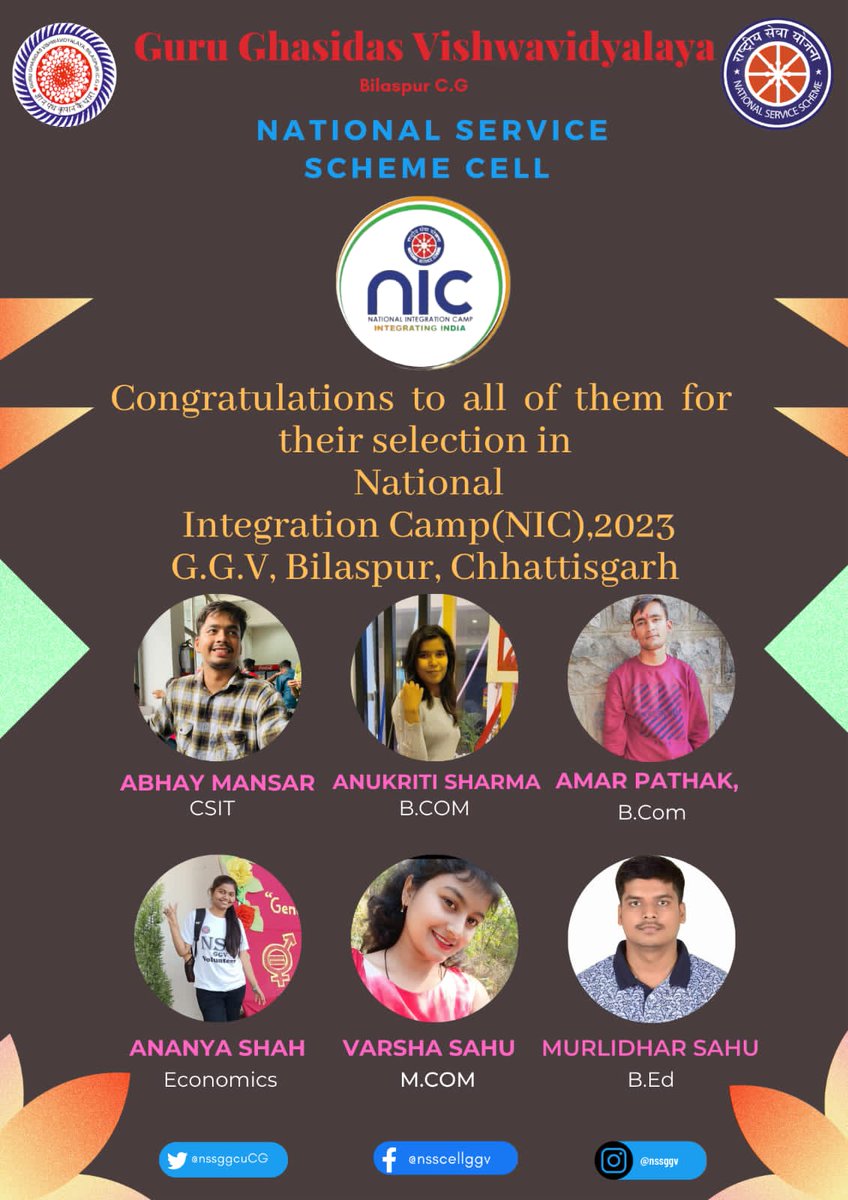 SurajPatel_11's tweet photo. Congratulations to all volunteers 💐 
Do your best ✨✨✨
#NIC2023
@nssggcuCG
@askabir_
@NSSRDBhopal @_NSSIndia @pankajsinghips @NssrdD @ConnectingNss @ianuragthakur @YASMinistry @Heyimrahul19 https://t.co/0TRQIIHwcF
