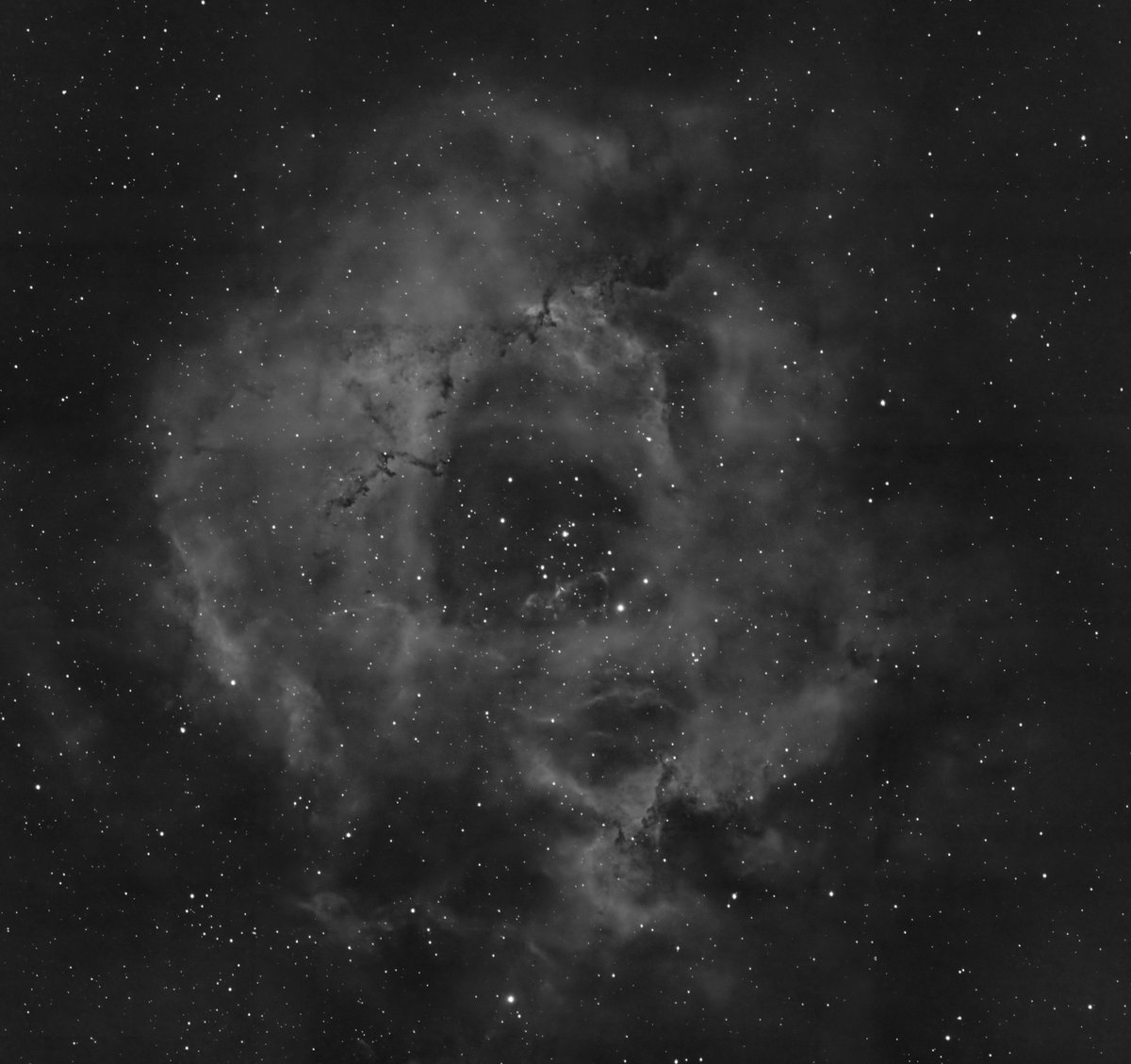 Quick mosaic of the Rosette nebula, 4x5 stitched panels of just single 3 minute exposure with a hydrogen filter. Besides the slightly brighter areas where the images overlap creating a visible seam, it looks ok.