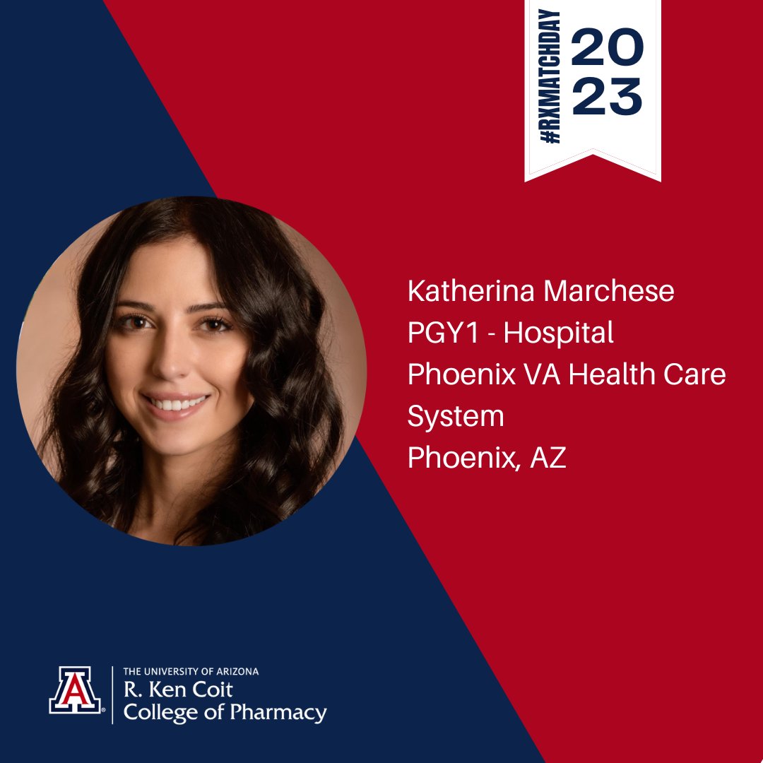 UAZPharmacy's tweet photo. Congratulations Katherina Marchese on your match with @PhxVAHealthcare!
"I am looking forward to this unique opportunity to expand my pharmacy knowledge and gain the confidence to work as a clinical pharmacist after residency!"
#RXMATCHDAY2023 https://t.co/sJdjZIVymA