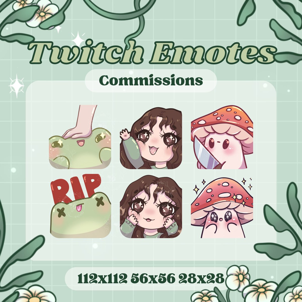 🌱CUSTOM EMOTE COMMISSIONS🌱

💗 Individual - £30
💗 Set of 3 - £80

Feel free to reply or dm me if you want a commission! These are some examples of emotes I have made 💗

#twitchemotes #emotecommissions #twitchart #twitchstreamer #frogemotes #mushroomemotes