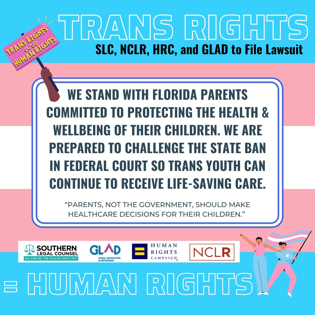 SouthernLegal's tweet image. This morning we issued a press release announcing that SLC, NCLR, GLAD, and HRC will be filing a lawsuit on behalf of Florida parents &amp;amp; children challenging the Florida Boards of Medicine bans on essential medical care for transgender children: bit.ly/3mRF7uV