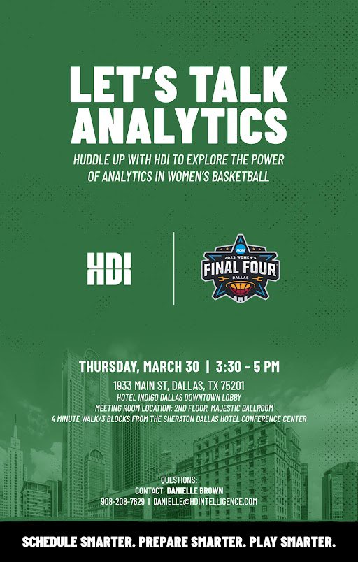 Danielle Brown (@coachd_23) on Twitter photo The <a href="/HDIntelligence/">HD Intelligence</a> team will be at the WBB Final Four in Dallas. Let’s talk! 🏀📊📈
Contact me for more details. DMs open. The <a href="/HDIntelligence/">HD Intelligence</a> team will be at the WBB Final Four in Dallas. Let’s talk! 🏀📊📈
Contact me for more details. DMs open.