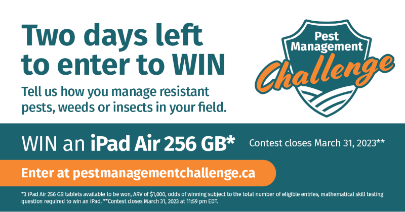 protectyourland's tweet photo. The #PestManagementChallenge contest closes tomorrow.
Don't miss your chance to share your tips for preventing resistant #diseases, #insects and #weeds.
Enter: https://t.co/Snl4ZqeOYY
#ontag #WestCdnAg https://t.co/PAGbV7Zjia