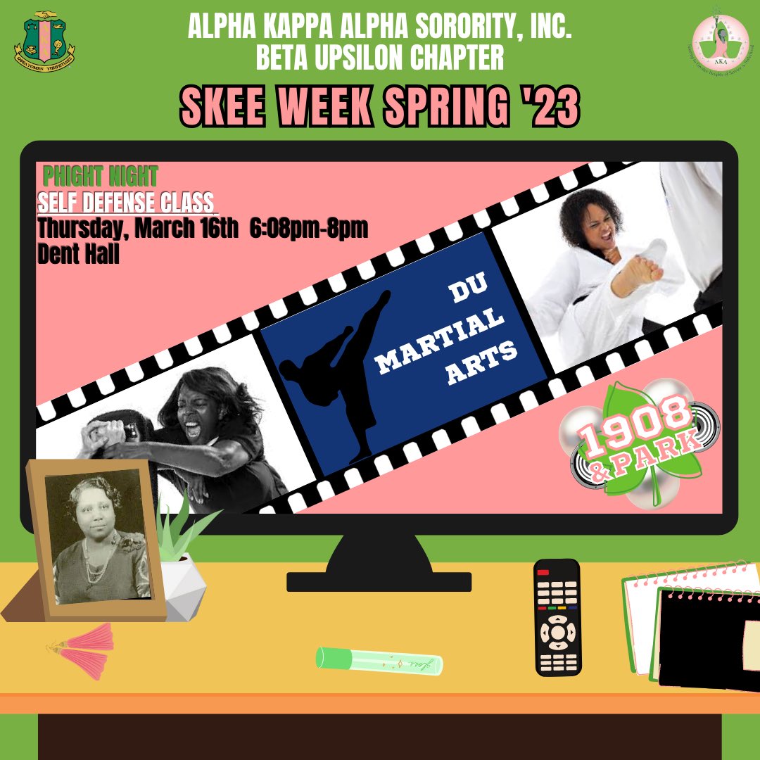 Can you float like a butterfly and sting like a bee? Join the pretty girls of 1908 &amp; Park for a Self Defense class, partnered with DU's own martial arts club! 

PHight Night tonight at 6:08 pm in Dent Hall! Keep it locked in on 1908 &amp; Park only on BYT: Beta Upsilon Television💗💚