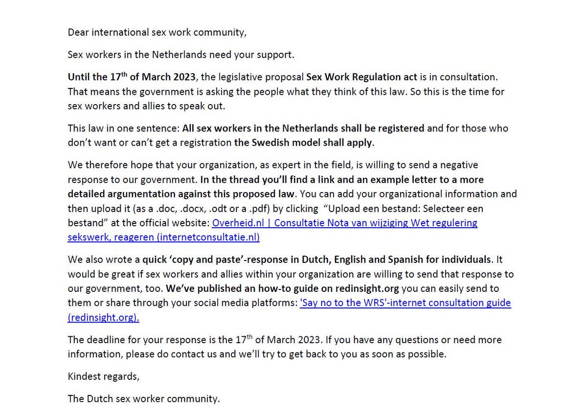 INTERNATIONAL SEX WORKER TWITTER!!! We need your support!! We have only one more day to respond to a new Dutch anti-sex work law. You can help (within 2 minutes) by responding too. We've wrote a guide on how-to. #WRSNee