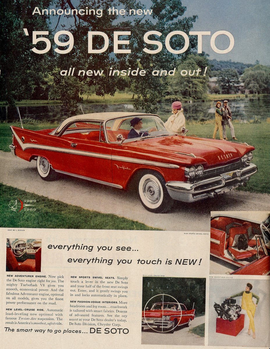 Mercomatic's tweet photo. 1959 #Desoto #Fireflite #Sportsman 2-Dr HT; 383 cid, 4-bbl, 325 hp; 3-speed Push-Button Torqueflite; Fireflite was the premium model aside from the sporty #Adventurer, featuring additional badging, chrome and a silver color sweep. Taillights are uniquely DeSoto. Note swivel seats https://t.co/RALuAs81Jm