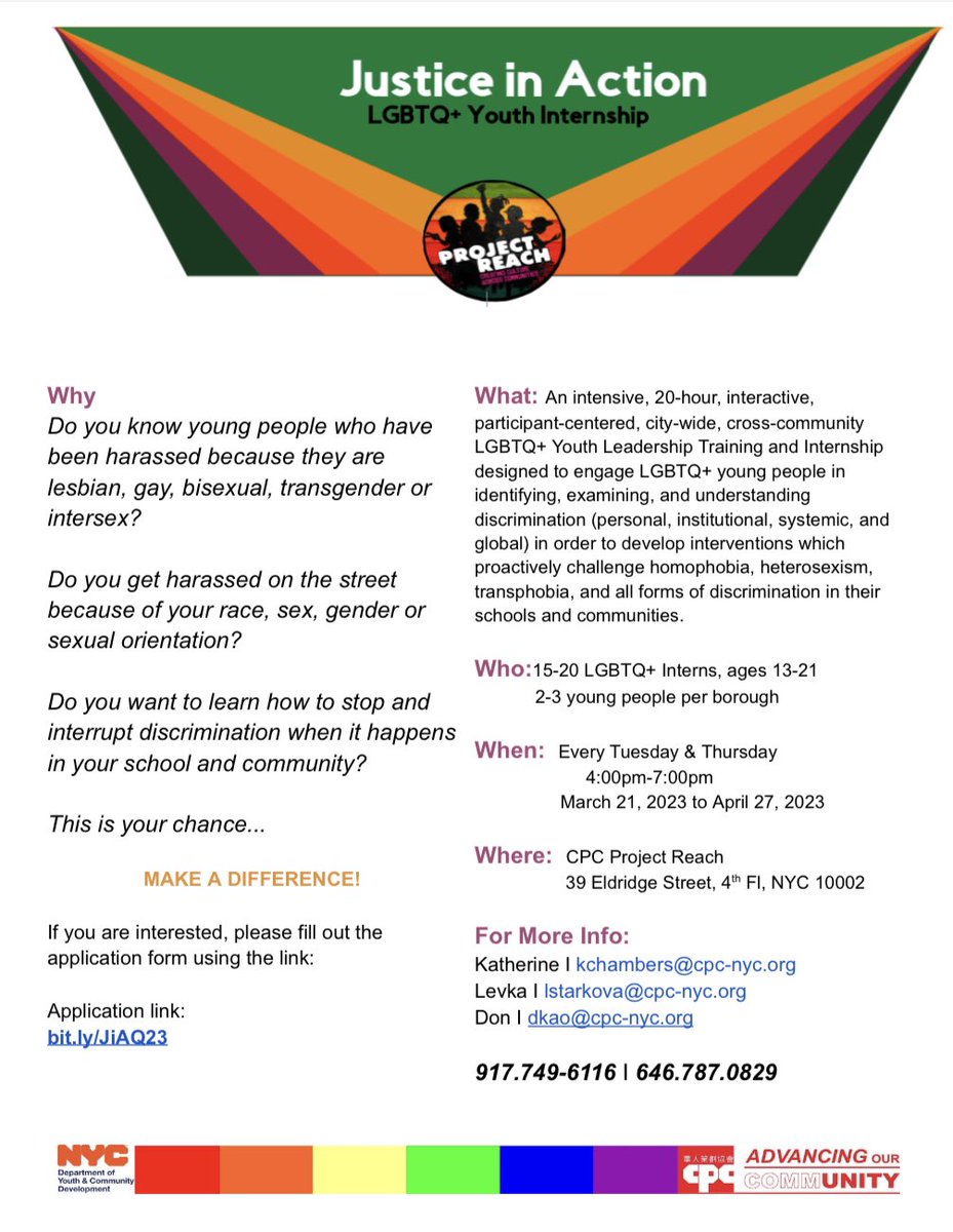 YA_YAnetwork's tweet photo. Internship opportunities for LGBT students and all NYC students interested in justice! From our friends at @cpc_nyc 🌈 https://t.co/cL1pkm8iSa